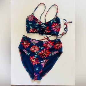 Indigo Rein Floral Bikini Set Navy High Waisted Bottom Lace Up Top Size L